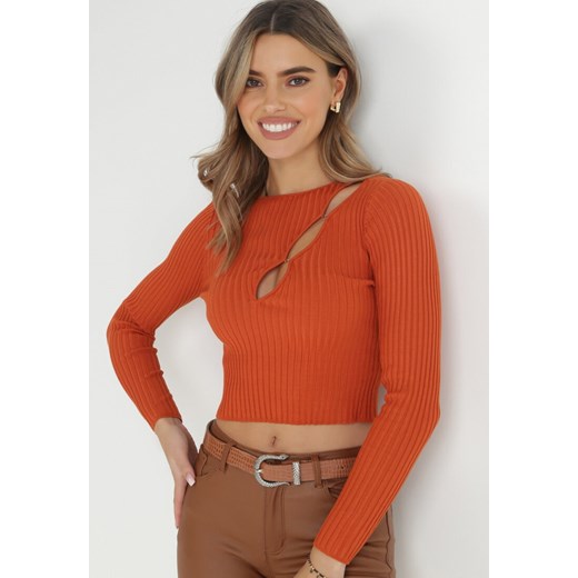 Pomarańczowy Sweter z Prążkowanej Dzianiny z Wycięciami Shermin ze sklepu Born2be Odzież w kategorii Swetry damskie - zdjęcie 145059854