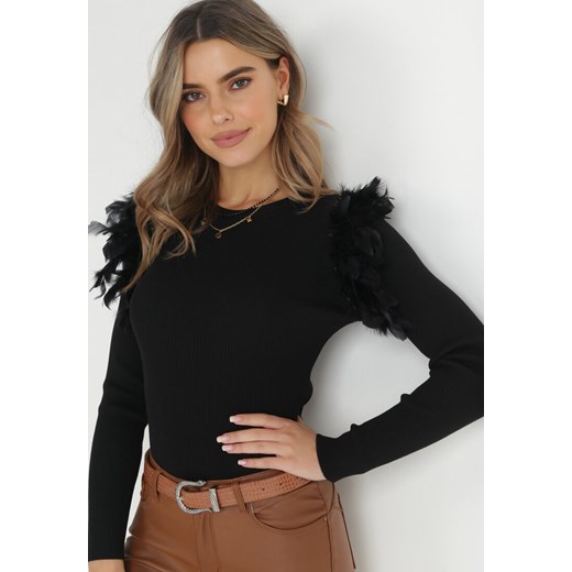 Czarny Sweter z Piórami i Koralikami Feco ze sklepu Born2be Odzież w kategorii Swetry damskie - zdjęcie 145070780