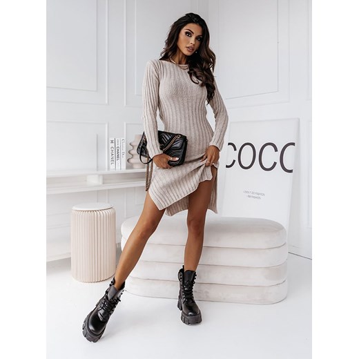 Sukienka beżowa Pakuten z długim rękawem mini 