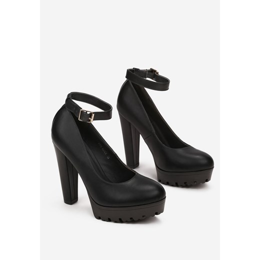 Czarne Czółenka na Wysokim Słupku i Platformie z Paskiem Zisse 38 okazja born2be.pl