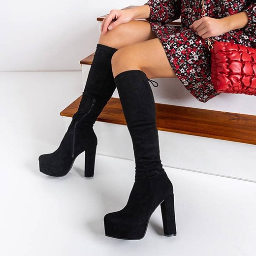 Czarne kozaki do kolana na wysokim obcasie Fagida - Obuwie Royalfashion.pl royalfashion.pl