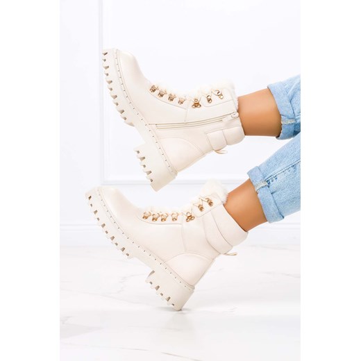 Workery damskie Casu na platformie beżowe sznurowane casualowe 