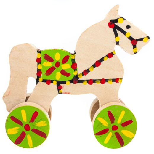 Tradycyjna zabawka ludowa - mały eko folk konik na kółkach - zielone siodełko folkstar-pl bezowy drewno