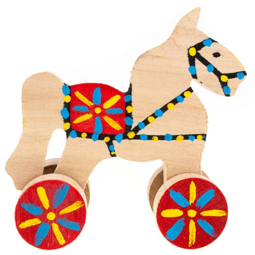 Tradycyjna zabawka ludowa - mały eko folk konik na kółkach - czerwone siodełko folkstar-pl bezowy drewno