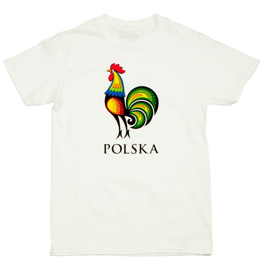 Męska koszulka folk - kogut łowicki Polska - biała folkstar-pl abstrakcyjne wzory
