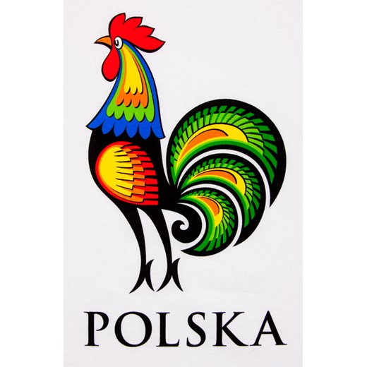 Męska koszulka folk - kogut łowicki Polska - biała folkstar-pl zielony etno