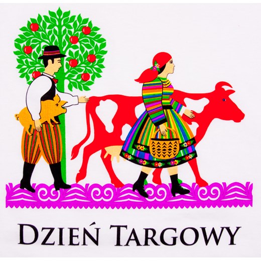 Koszulka folk unisex - dzień targowy po łowicku - biała folkstar-pl fioletowy etno