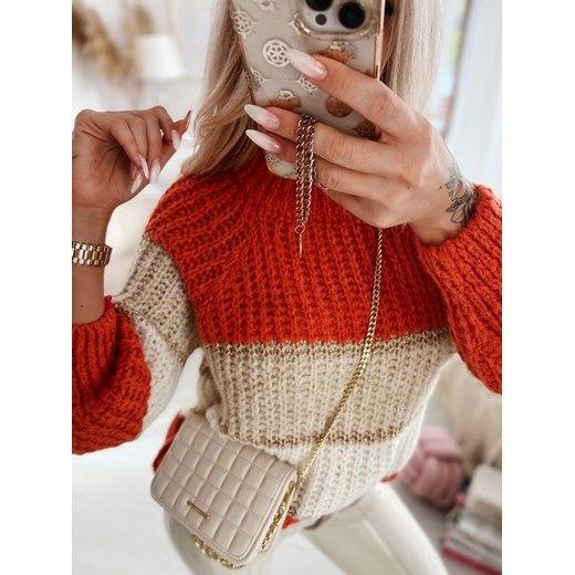 Sweter w beżowe i pomarańczowe paski Viteris E218 Bellerina ONE SIZE Charlotte Fashion