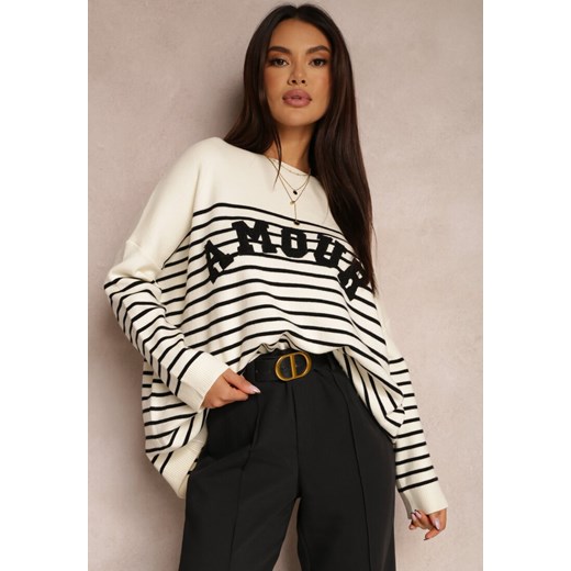 Beżowy Sweter Oversize w Paski Sakinah Renee ONE SIZE promocyjna cena Renee odzież