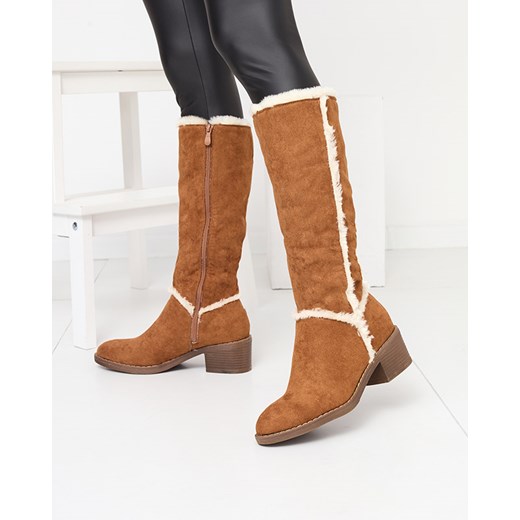 Camelowe damskie kozaki ze sztucznym futerkiem Zerriva - Obuwie Royalfashion.pl 37 royalfashion.pl