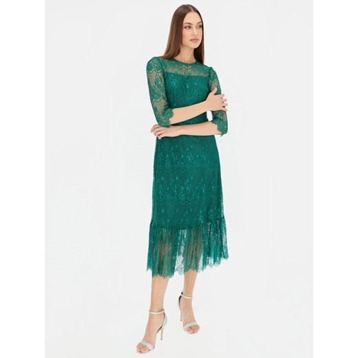 Sukienka L'AF zielona z okrągłym dekoltem rozkloszowana elegancka 