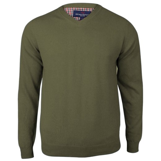 Sweter Oliwkowy w Serek (V-neck), Męski, Klasyczny, Elegancki -Adriano Guinari SWADGAW22buntolive ze sklepu JegoSzafa.pl w kategorii Swetry męskie - zdjęcie 145964750