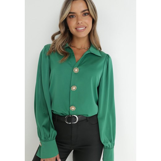 Zielona Koszula Satynowa na Guziki Hemi ze sklepu Born2be Odzież w kategorii Koszule damskie - zdjęcie 146030481