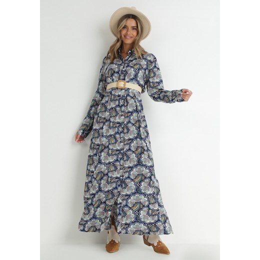 Granatowa Sukienka Koszulowa w Roślinny Wzór Bivi ze sklepu Born2be Odzież w kategorii Sukienki - zdjęcie 146160700