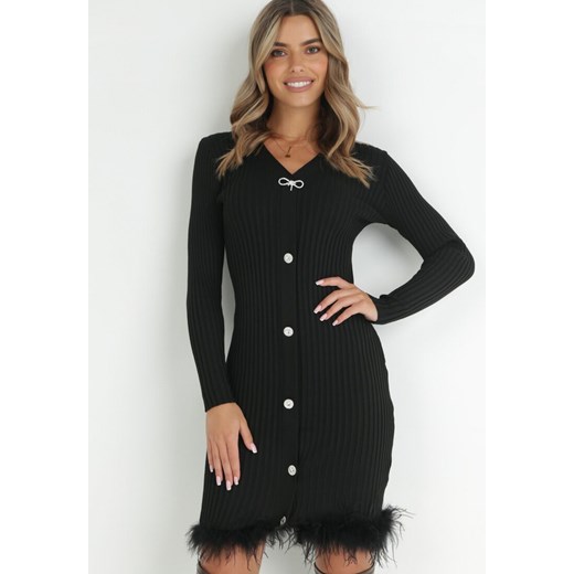 Czarna Sukienka z Prążkowanej Dzianiny z Piórami Marpesia ze sklepu Born2be Odzież w kategorii Sukienki - zdjęcie 146169433
