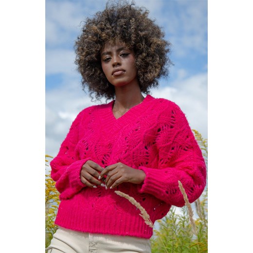 Oversizowy różowy sweter z dekoltem w serek F1482, Kolor różowy, Rozmiar S/M, Fobya S/M Primodo