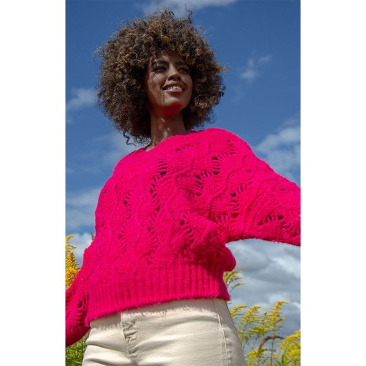 Oversizowy różowy sweter z dekoltem w serek F1482, Kolor różowy, Rozmiar S/M, Fobya S/M Primodo