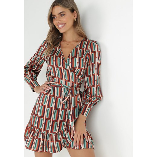 Brązowa Sukienka Kopertowa w Geometryczny Wzór Bame ze sklepu Born2be Odzież w kategorii Sukienki - zdjęcie 146438900