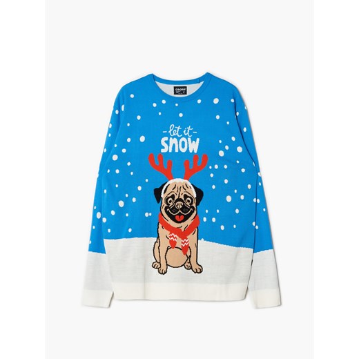 Cropp - Świąteczny sweter z mopsem - Niebieski Cropp M Cropp