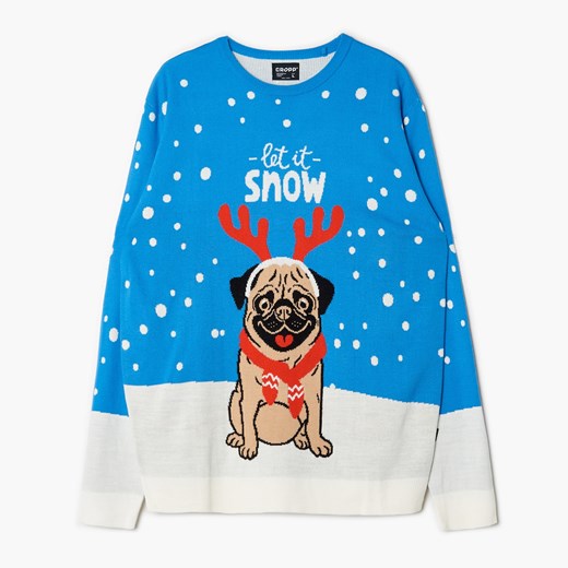 Cropp - Świąteczny sweter z mopsem - Niebieski Cropp S Cropp