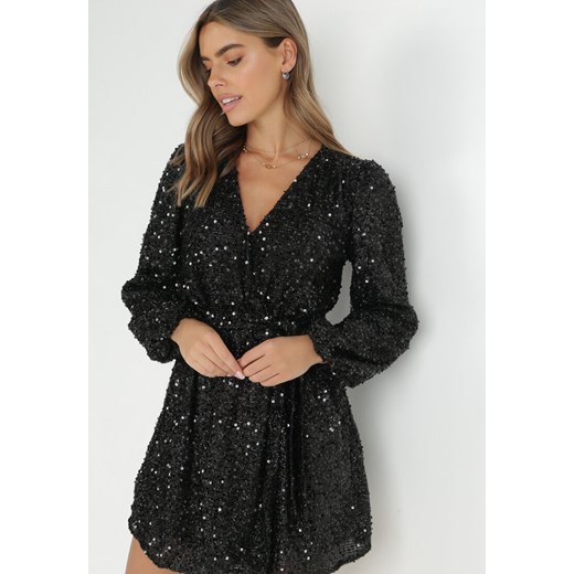 Czarna Sukienka Cekinowa z Kopertowym Dekoltem Cidoly S okazja Born2be Odzież