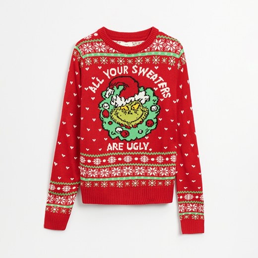 Świąteczny sweter w żakardowy wzór Grinch - Czerwony House M House