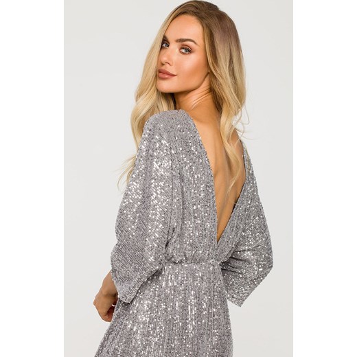Sukienka Moe srebrna z długim rękawem z dzianiny z okrągłym dekoltem midi