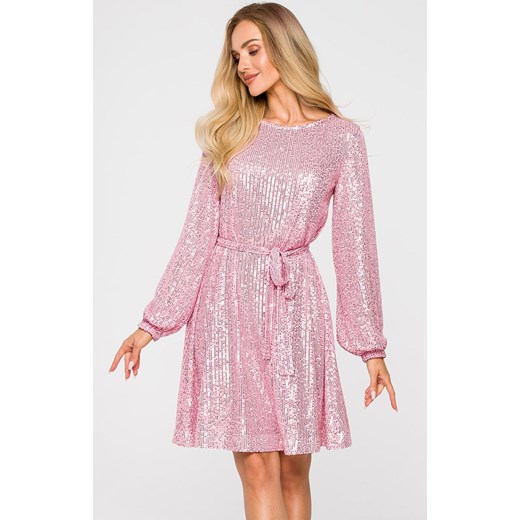 Sukienka różowa Moe z długim rękawem z okrągłym dekoltem w cekiny rozkloszowana 
