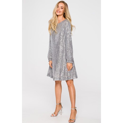Sukienka cekinowa rozkloszowana z paskiem w kolorze srebrnym M715, Kolor Moe L Primodo