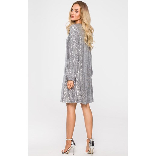 Sukienka cekinowa rozkloszowana z paskiem w kolorze srebrnym M715, Kolor Moe M Primodo