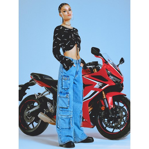 Cropp - Jeansy wide leg cargo - Niebieski Cropp 36 Cropp
