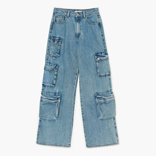 Cropp - Jeansy wide leg cargo - Niebieski Cropp 34 Cropp