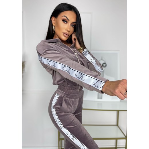 klasyczny welurowy dres premium la perla z lampasami bluza+spodnie - fango oberżyna ze sklepu STYLOWO w kategorii Dresy damskie - zdjęcie 146876943
