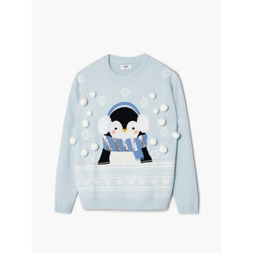 Cropp - Sweter świąteczny z pingwinem - Niebieski Cropp L Cropp