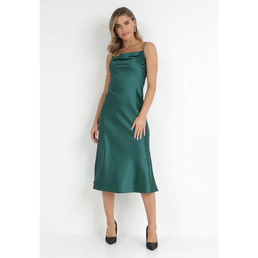 Zielona Sukienka Satynowa na Cienkich Ramiączkach Mava L Born2be Odzież promocyjna cena