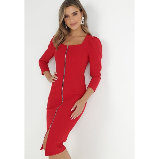 Czerwona Sukienka z Kwadratowym Dekoltem i Suwakiem z Przodu Vave ze sklepu Born2be Odzież w kategorii Sukienki - zdjęcie 147025612