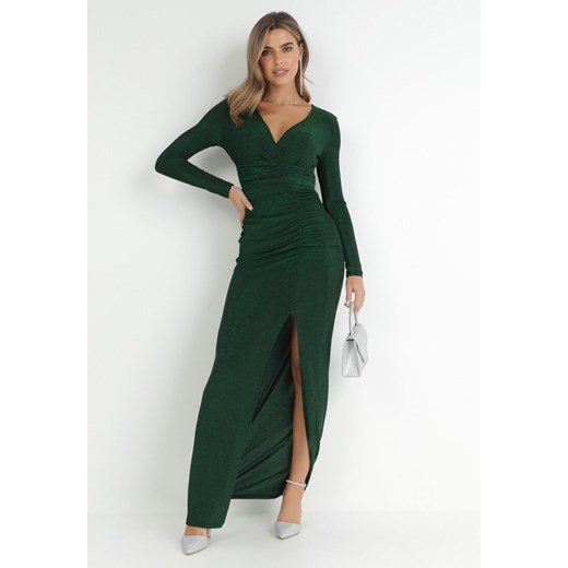 Zielona Sukienka Błyszcząca z Marszczeniem i Kopertowym Dekoltem Mimovia ze sklepu Born2be Odzież w kategorii Sukienki - zdjęcie 147041152