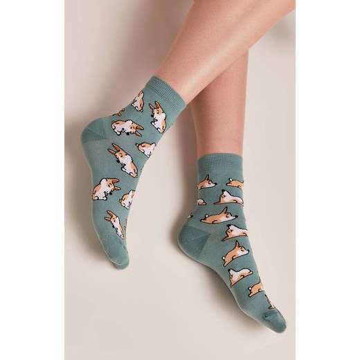 Bawełniane skarpetki z wzorem Corgi, Kolor szaro-turkusowy, Rozmiar 36-39, Conte ze sklepu Intymna w kategorii Skarpetki damskie - zdjęcie 147085693