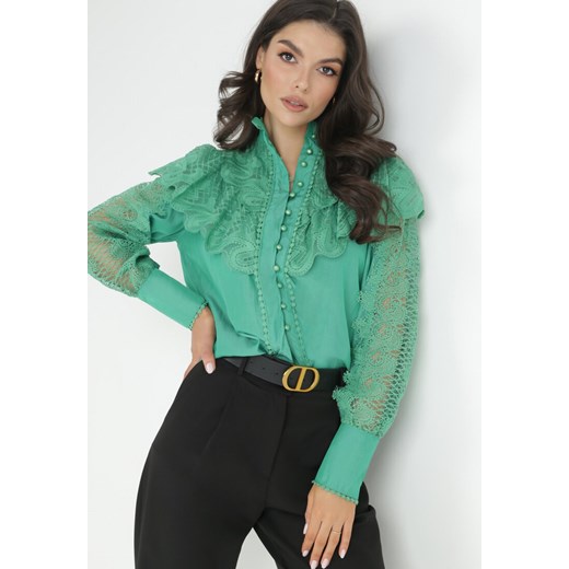 Zielona Koszula z Falbanką i Koronką Mirrei ze sklepu Born2be Odzież w kategorii Koszule damskie - zdjęcie 147148791