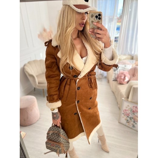 Płaszcz długi kożuch karmelowy z ecru barankiem H279 S/36 Charlotte Fashion