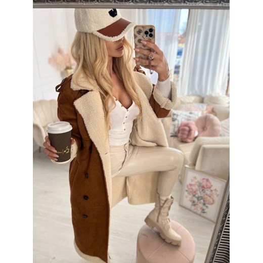 Płaszcz długi kożuch karmelowy z ecru barankiem H279 M/38 Charlotte Fashion
