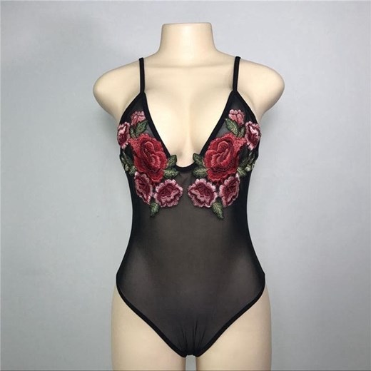 Body koronkowe ze wzorem róż - Czarny / M ze sklepu Maybella.pl w kategorii Body damskie - zdjęcie 147234162