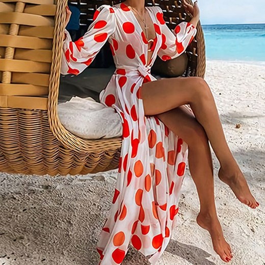 Damskie kimono plażowe w czerwone grochy - Uniwersalny ze sklepu Maybella.pl w kategorii Odzież plażowa - zdjęcie 147237394