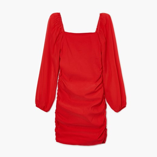 Cropp - Czerwona sukienka z bufiastymi rękawami - Bordowy Cropp S Cropp