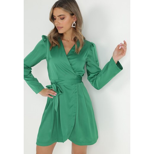 Zielona Satynowa Sukienka Kopertowa Missa ze sklepu Born2be Odzież w kategorii Sukienki - zdjęcie 147271282