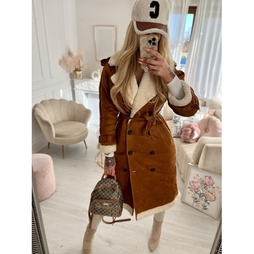 Płaszcz długi kożuch karmelowy z ecru barankiem H279 S/36 Charlotte Fashion