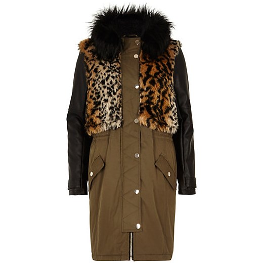 Khaki faux fur leather-look parka jacket river-island szary kurtki