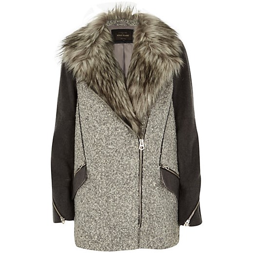 Grey faux fur woolen biker coat river-island szary płaszcz