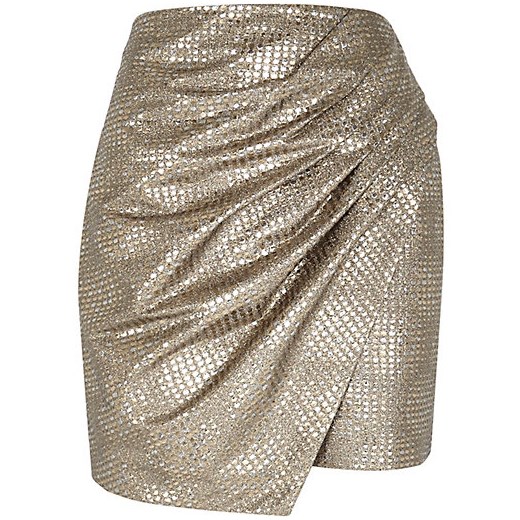 Gold metallic wrapped drape mini skirt river-island szary mini