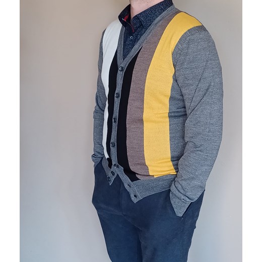 Sweter męski rozpinany szary w pasy z wełną Bodara M ATELIER-ONLINE promocyjna cena